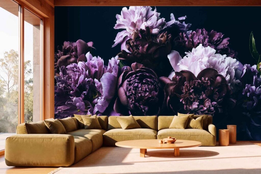 Feature wall mural showcases large purple and white flowers in a dramatic Violet Expression design. Bold floral patterns dominate the wallpaper, with rich violet, lavender, white, and leafy green elements creating an artistic and colorful focal point for the room.