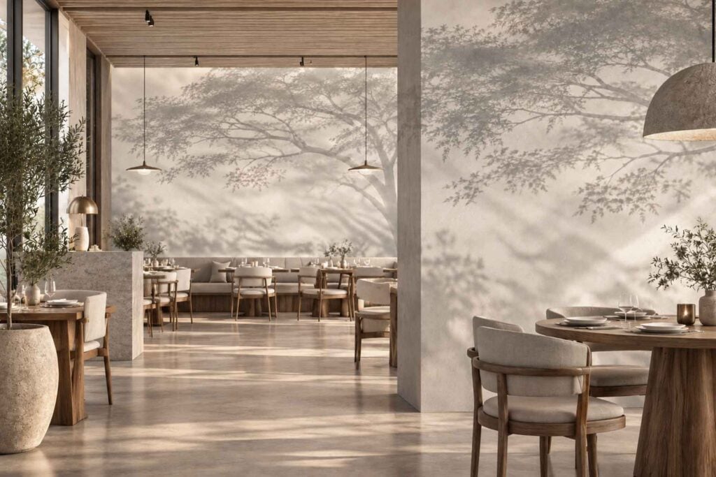 Wallpaper features subtle, nature-inspired patterns in neutral tones, with delicate tree branch shadows cast by natural light. The colors are soft beiges and off-whites, blending seamlessly for a minimalist look.