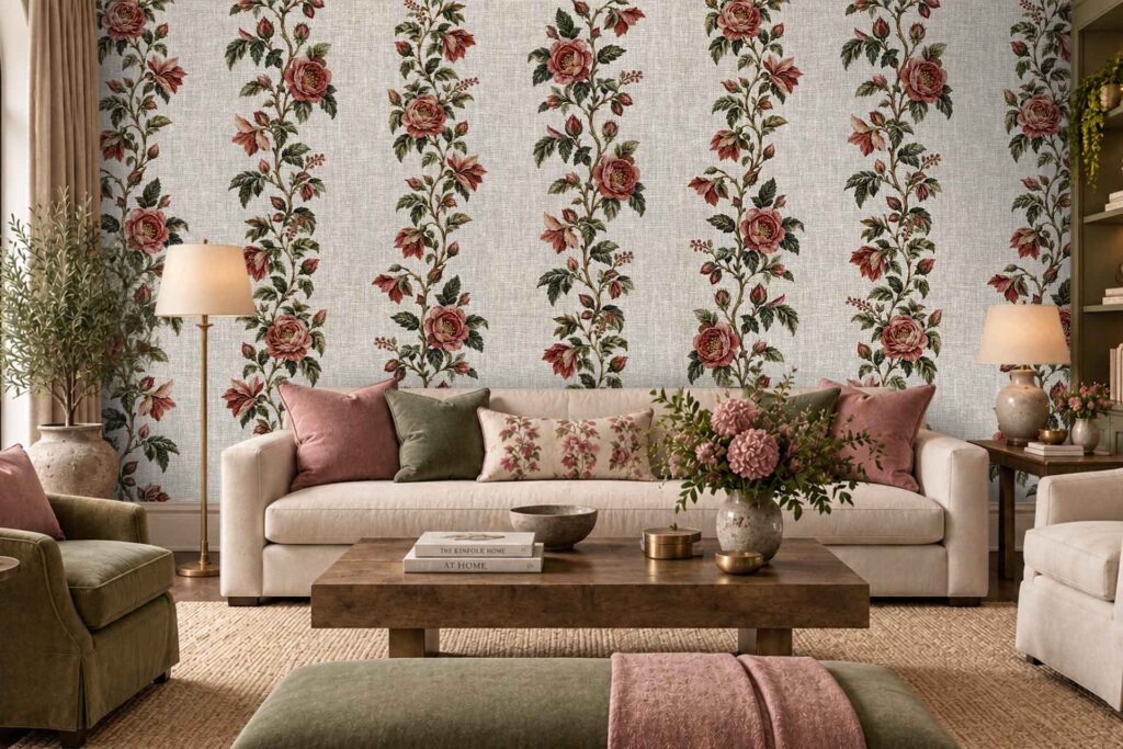 Floral wallpaper with pink roses stands out in the living room, featuring soft pink and green hues and delicate rose patterns that add a vintage, romantic touch to the space.