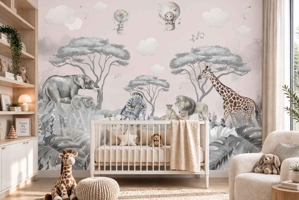 The wallpaper displays safari animals like an elephant, zebra, lion, and giraffe set beneath stylized trees and pastel hot air balloons. Soft tones and playful animal motifs dominate the mural.
