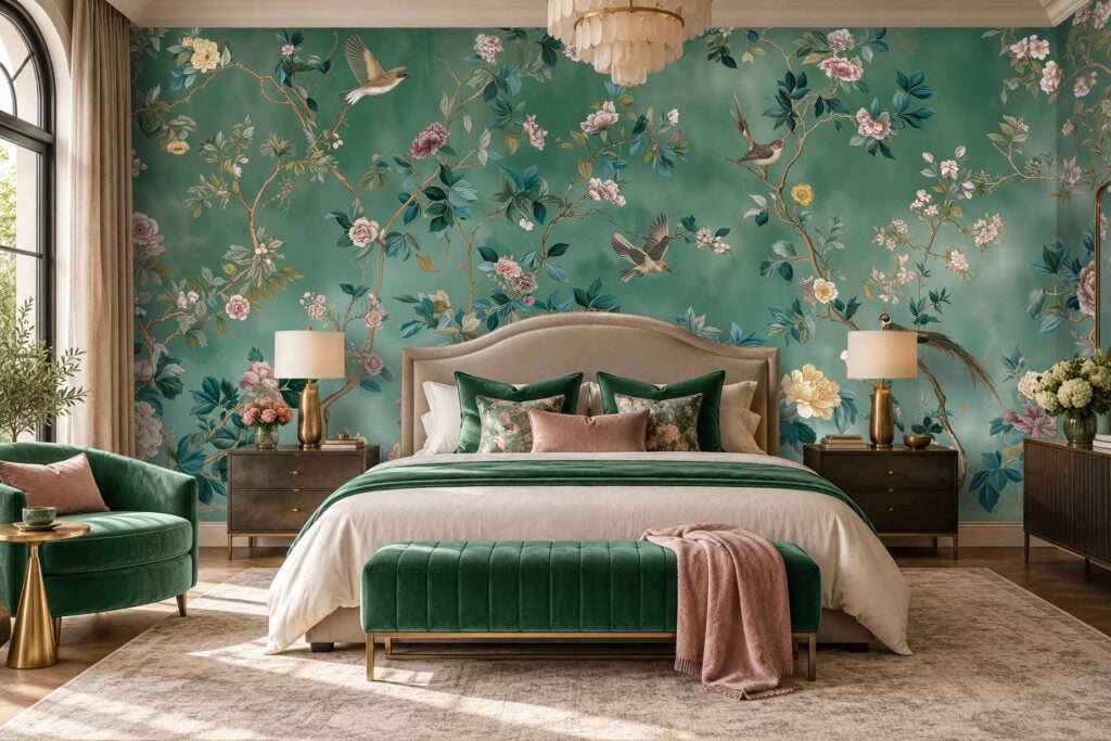 Green floral wallpaper with intricate bird motifs, showcasing vibrant green leaves, colorful flowers in pink and white, and detailed birds perched throughout. The design is lush and nature-inspired, making it a standout decorative feature.