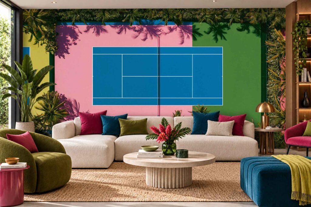 Large mural wallpaper of a tennis court in vivid colors with palm trees surrounding it; bold graphic lines, vibrant greens, blues, reds, and pinks dominate the background scene.
