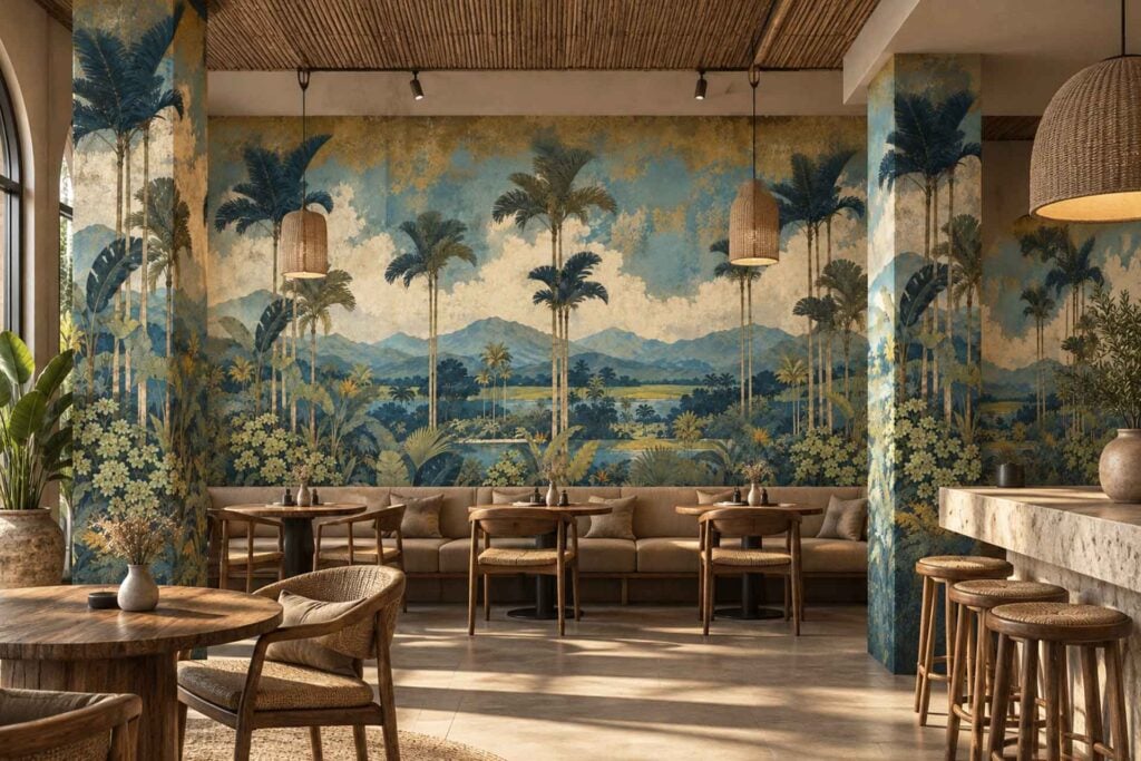 Large tropical mural wallpaper showcases palm trees and blue mountains, with lush foliage, green leaves, and vibrant blues as the dominant colors. The scene adds a lively, exotic feel to the restaurant interior.