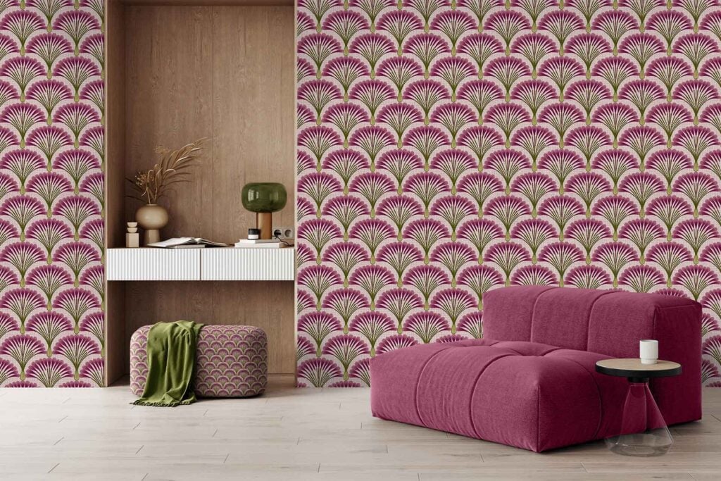 Patterned wallpaper with fan shapes in pink, green, and violet dominates the room, featuring bold and colorful geometric elements that add visual interest to the modern living space.