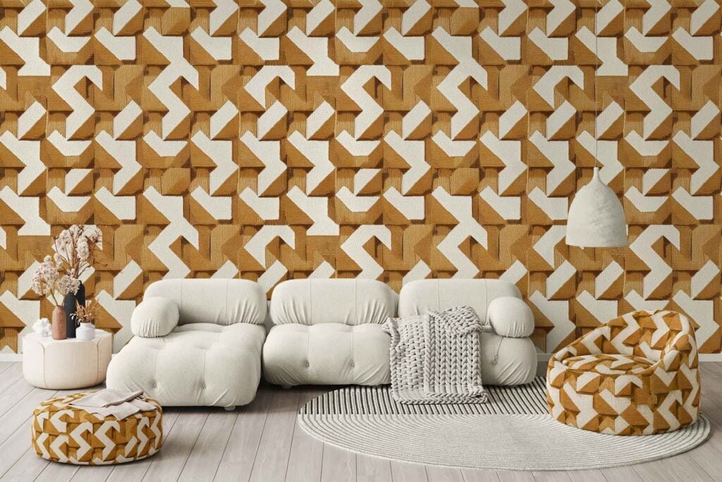 The wallpaper features a bold geometric design with large tan, brown, and white shapes forming eye-catching patterns on the wall.