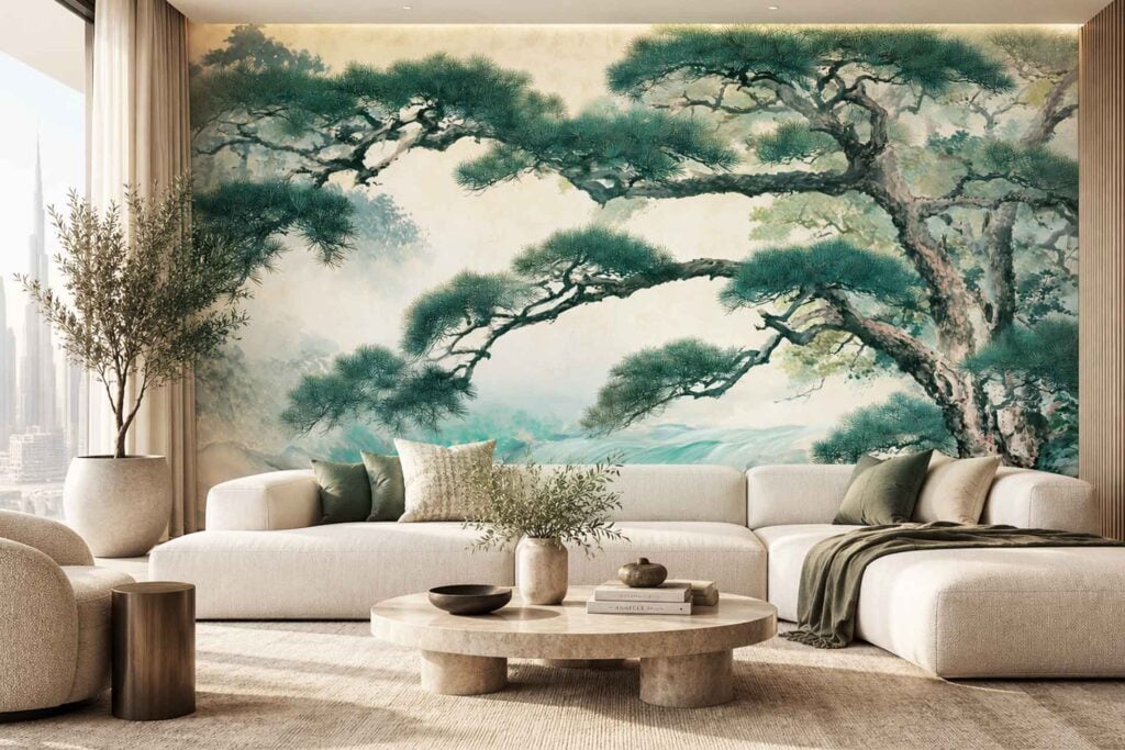 Wallpaper mural of evergreen trees in varying shades of green and gray, set in a misty landscape with soft, foggy gradients. The design evokes a serene forest scene with delicate atmospheric colors and blurred outlines.