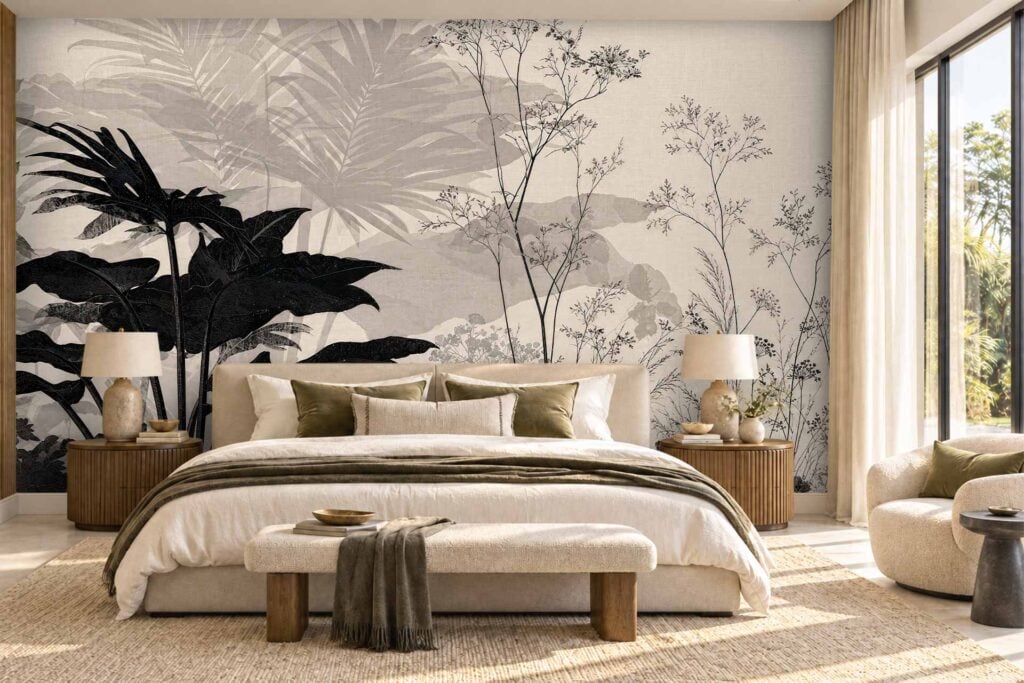 Wallpaper featuring black, gray, and beige silhouettes of large tropical leaves and delicate wildflowers on a textured cream background.