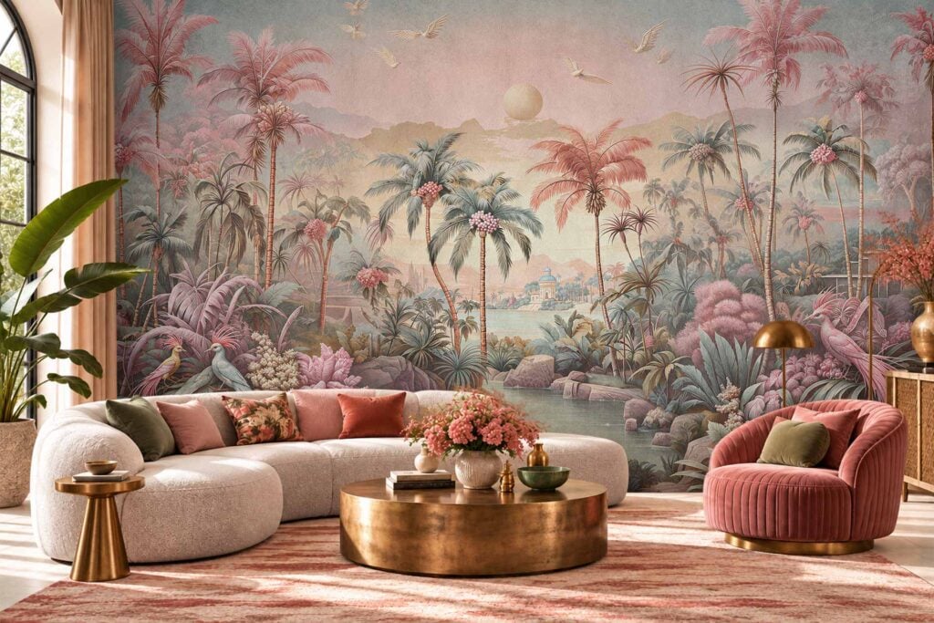 Wallpaper featuring a tropical landscape with pink and green palm trees, a calm lake, a distant building, and birds flying beneath a large sun.