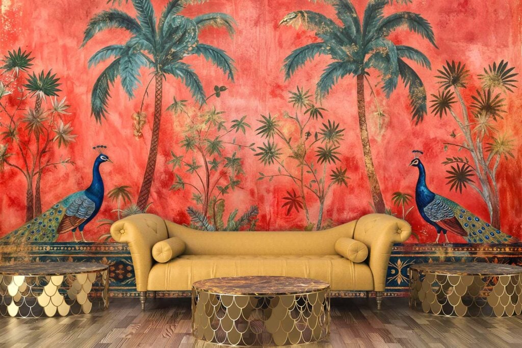 Wallpaper featuring a vibrant red textured background with green palm trees, tropical foliage, and two large blue and gold peacocks.