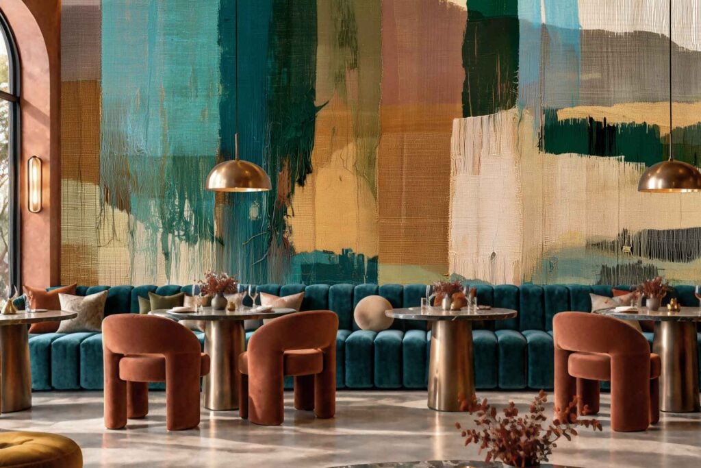 Abstract wallpaper with vertical strokes of teal, forest green, mustard yellow, dusty pink, and cream in a textured woven fabric design.