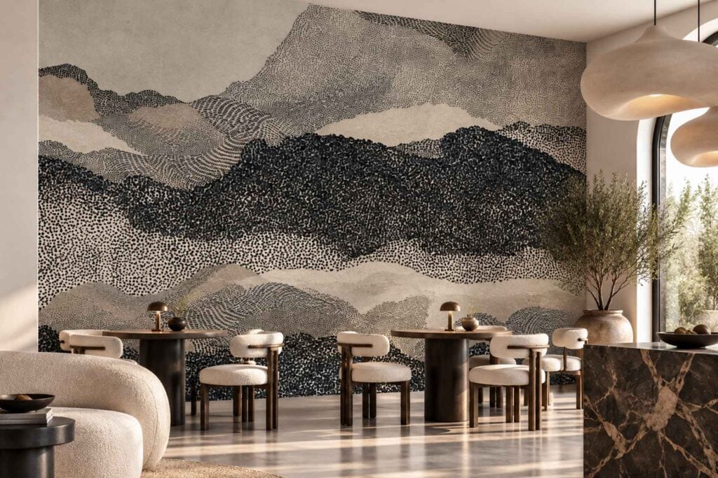 Wallpaper with a black and beige stippled landscape pattern, featuring rolling hills and abstract mountains.