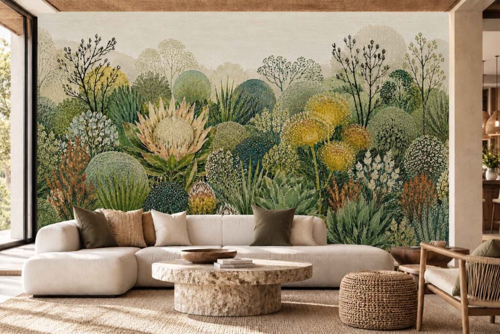 Wallpaper mural featuring green, yellow, and cream-colored shrubs, succulents, and large protea flowers.