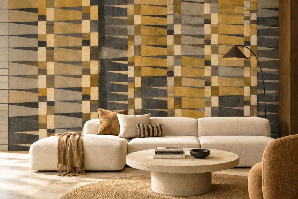 Just Bazaar wallpaper featuring a geometric pattern of interlocking triangles and rectangles in mustard yellow, gray, charcoal, and cream.
