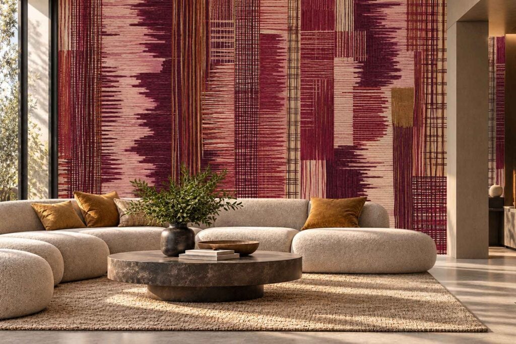 Abstract wallpaper featuring a textured collage of vertical stripes and geometric blocks in deep burgundy, magenta, pink, and gold.