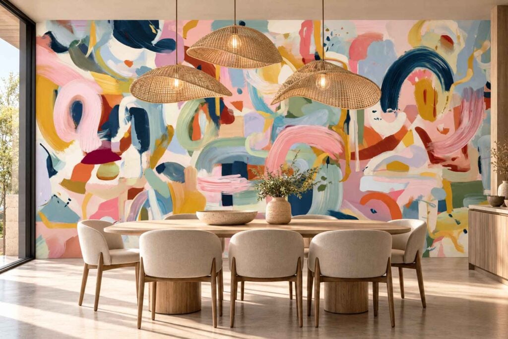 Wallpaper with an abstract mural of sweeping brushstrokes in pink, blue, yellow, orange, and navy.