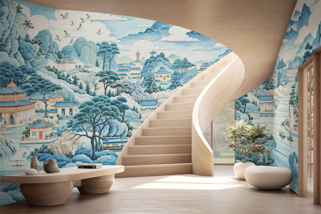 Blue and white chinoiserie wallpaper featuring pagodas, rolling hills, pine trees, and birds.