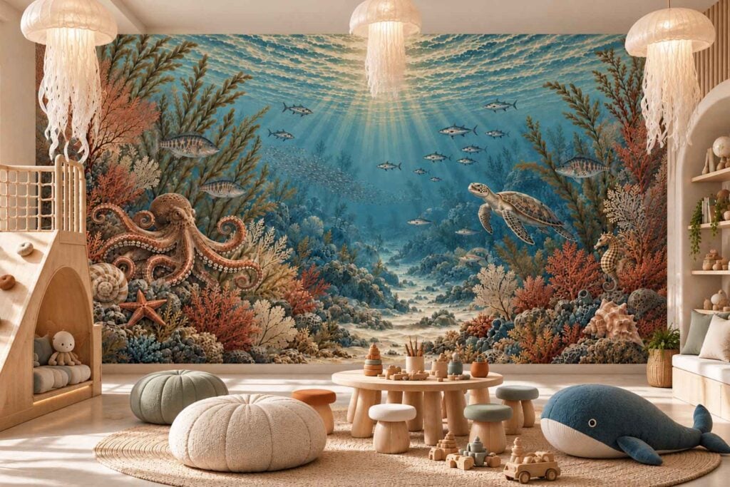 Mural wallpaper featuring an underwater coral reef scene with an octopus, sea turtle, and schools of fish in vibrant blue, orange, and tan.