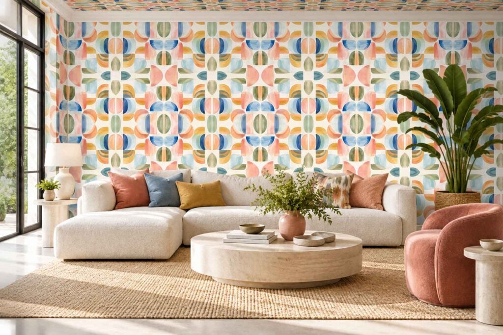 Geometric, multicolored wallpaper featuring bold shapes and lines in vibrant hues covers the wall and ceiling, creating a striking visual focal point in the room.
