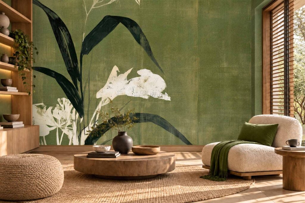 Wallpaper featuring an oversized, painterly print of white lilies and dark green leaves on a textured olive green background.