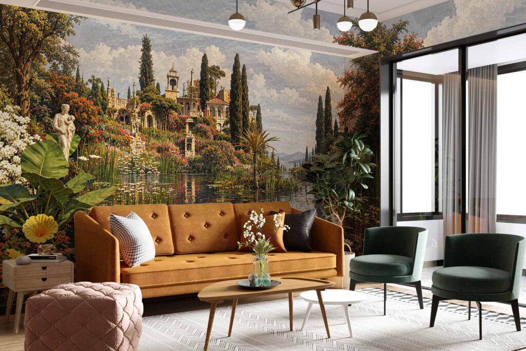 Wallpaper mural of an Italian-style villa garden featuring cypress trees, colorful flowers, and a pond under a cloudy sky in shades of green, orange, and blue.